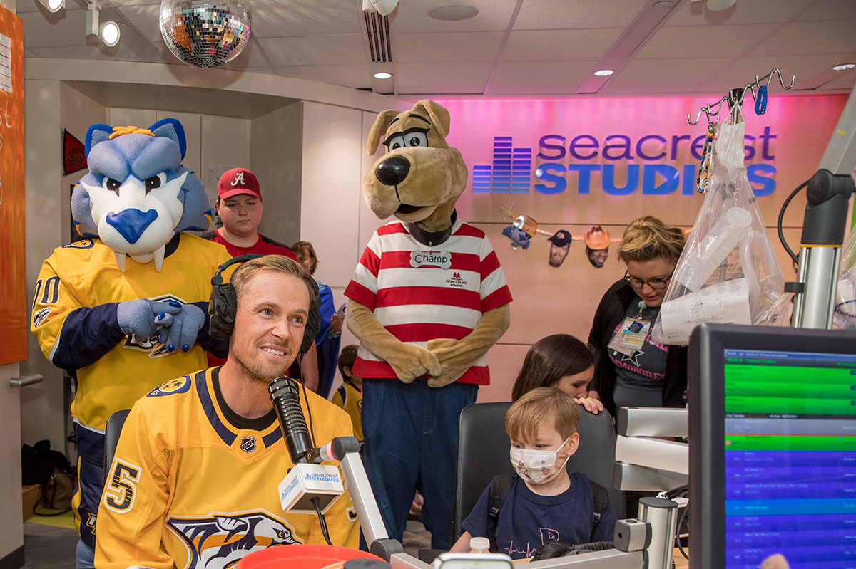 Nashville Predators' Gnash and Pekka Rinne, and Children's Hospital mascot Champ at Seacrest Studios