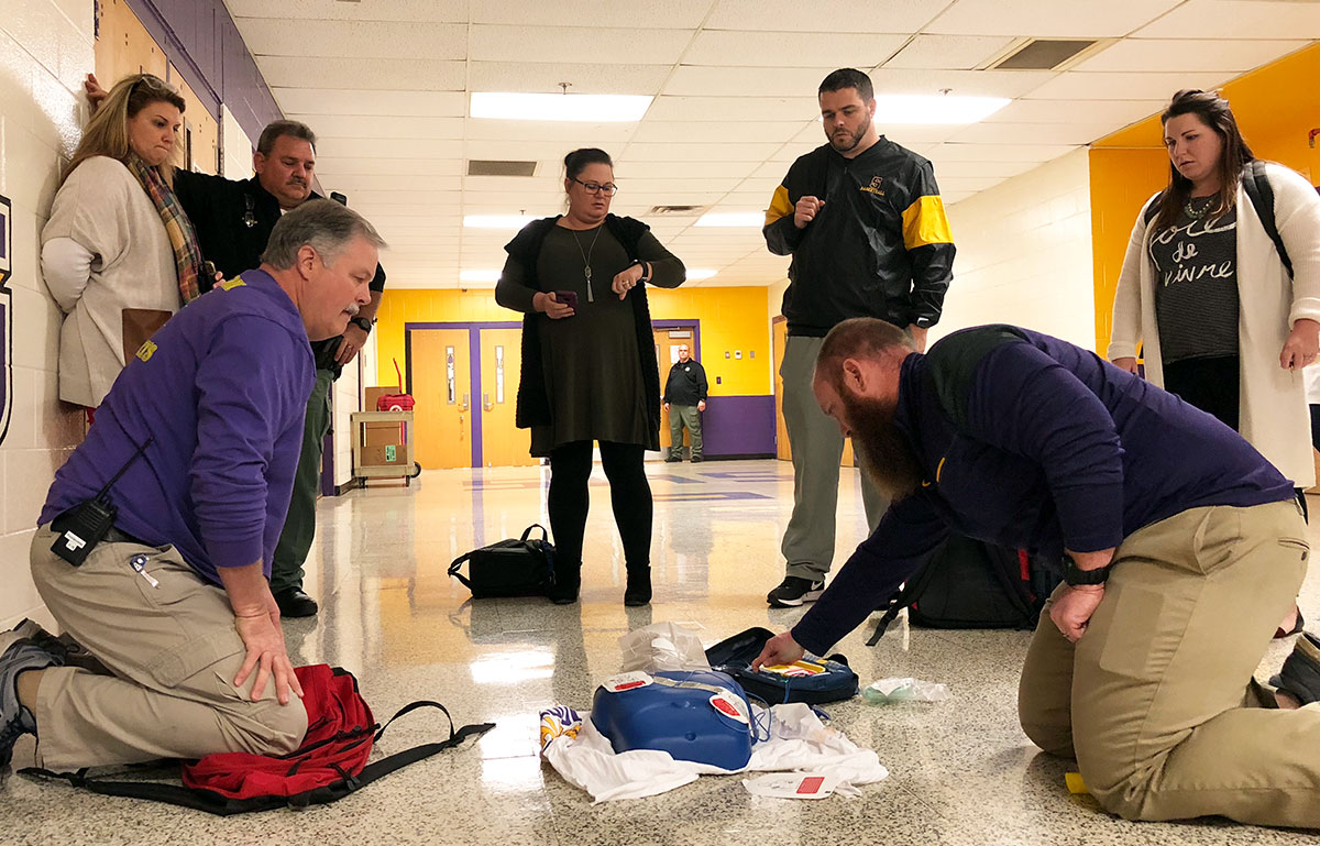 The "Code Blue" team at Smyrna High School conducts their annual CPR-AED drill
